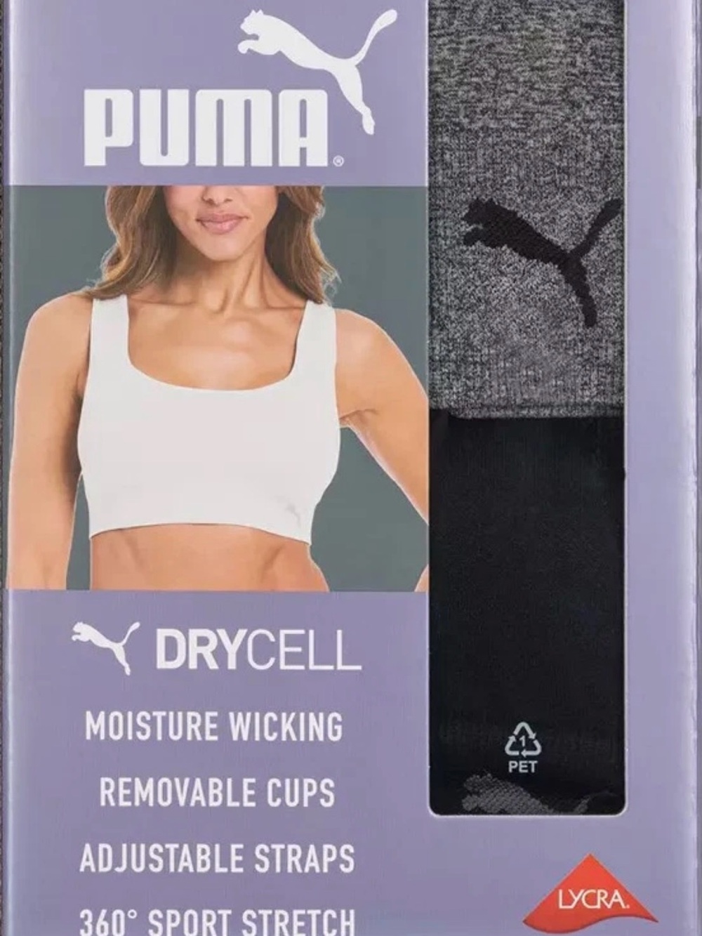 NWT Women’s PUMA 2PK Seamless Sport Bra Size XL 360 Stretch Drycell Grey/Black